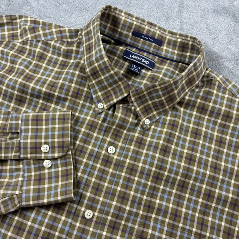 Lands End Mens 3XL Tall Plaid Button Down Shirt Olive Green No Iron Twill 3XLT